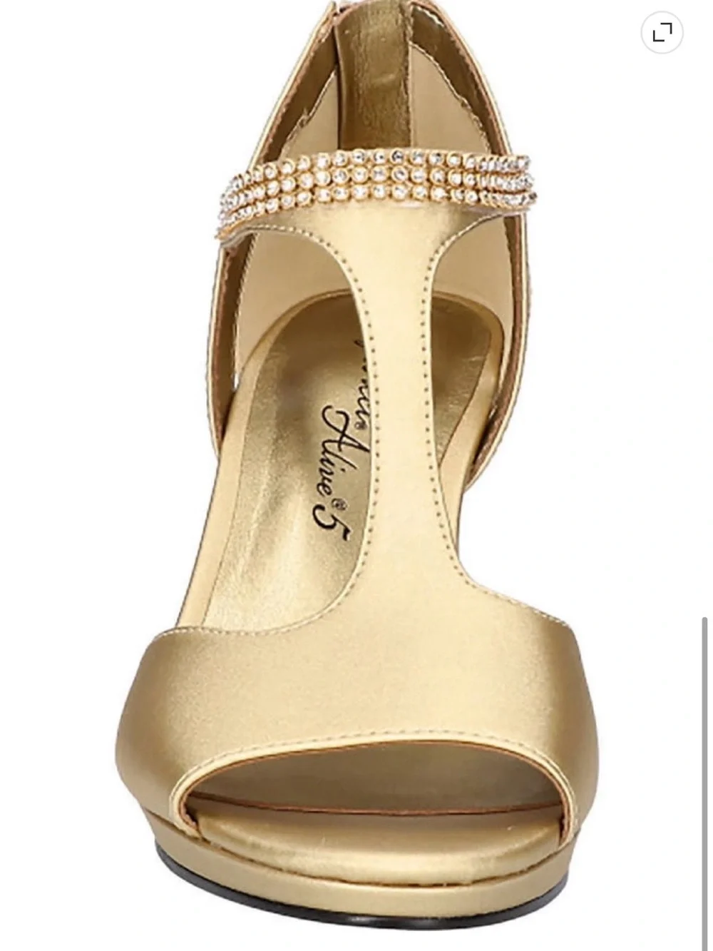 easy street 11M Metallic Gold Satin T-Strap Rhinestone Block Heel Sandals